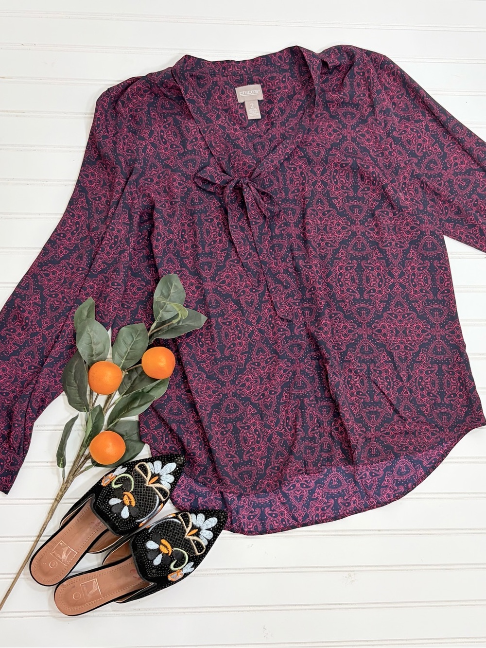 Chico’s Paisley Button Up Tie Neck Blouse